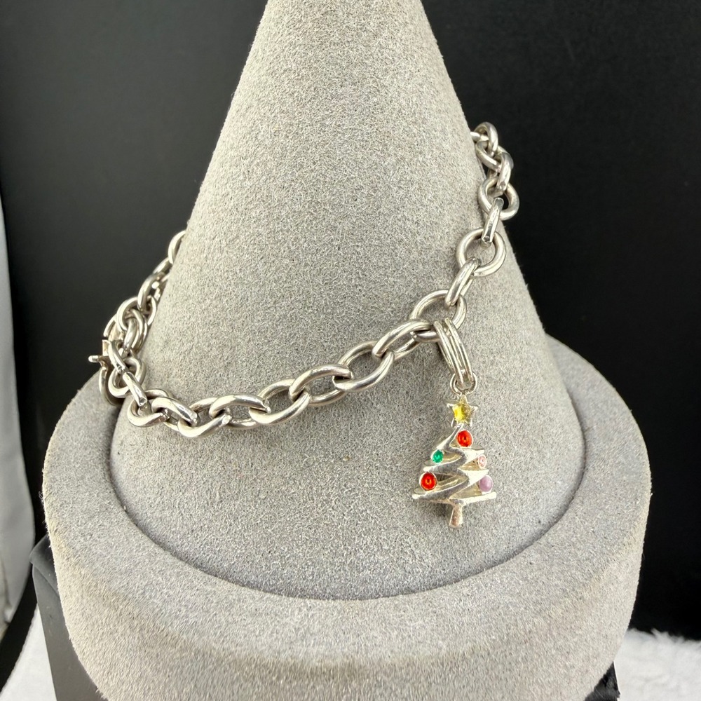 Vintage Sterling Charm Bracelet Heart Christmas Tree Toggle 7